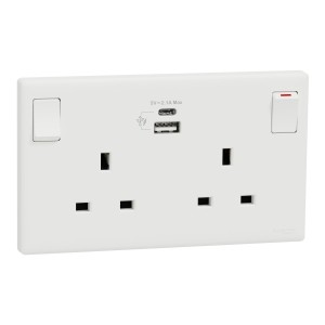 Schneider Electric Vivace 1 Gang Switched Socket with USB A + C ports KBNT25USB_WE