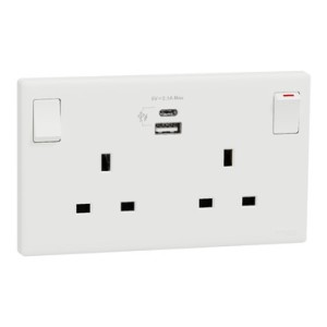 Schneider Vivace E 13A 2 Gang Switched Socket with USB A+C White