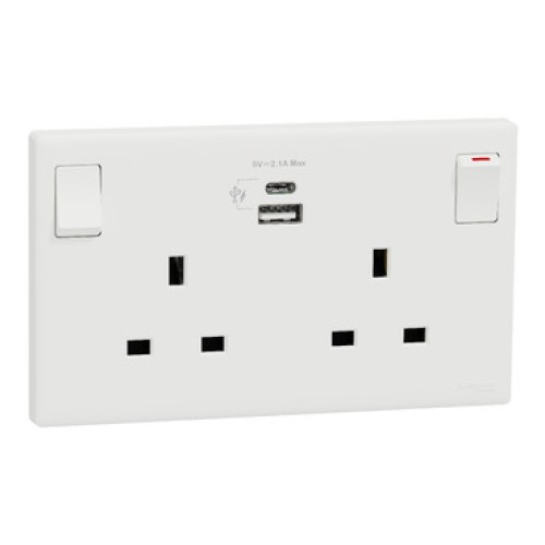 Schneider Vivace E 13A 2 Gang Switched Socket with USB A+C White