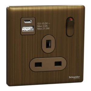 Schneider Electric Switched socket with USB, Unica X, 13A, 250V, 2 pole, type A+C, 21W, antique brass - NUX15DACQUS_AB