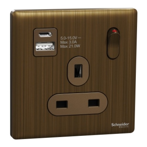 Schneider Electric Switched socket with USB, Unica X, 13A, 250V, 2 pole, type A+C, 21W, antique brass - NUX15DACQUS_AB