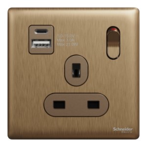 Schneider Electric Switched socket with USB, Unica X, 13A, 250V, 2 pole, type A+C, 21W, dark bronze - NUX15DACQUS_DB