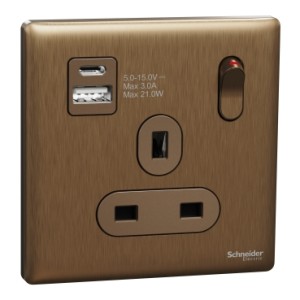 Schneider Electric Switched socket with USB, Unica X, 13A, 250V, 2 pole, type A+C, 21W, dark bronze - NUX15DACQUS_DB