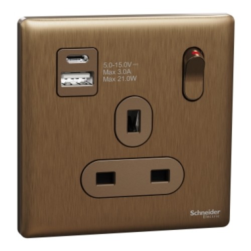 Schneider Electric Switched socket with USB, Unica X, 13A, 250V, 2 pole, type A+C, 21W, dark bronze - NUX15DACQUS_DB