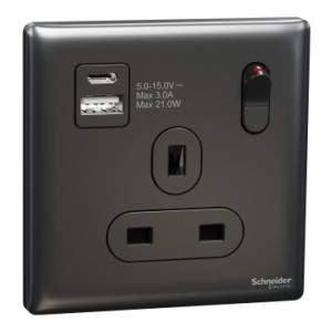 Schneider Electric Switched socket with USB, Unica X, 13A, 250V, 2 pole, type A+C, 21W, NUX15DACQUS_DG