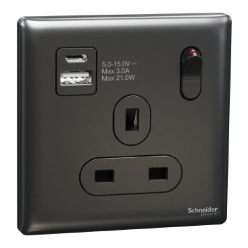Schneider Electric Switched socket with USB, Unica X, 13A, 250V, 2 pole, type A+C, 21W, NUX15DACQUS_DG