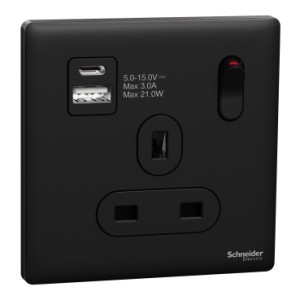 Schneider Electric Switched socket with USB, Unica X, 13A, 250V, 2 pole, type A+C, 21W, jet black - NUX15DACQUS_JB