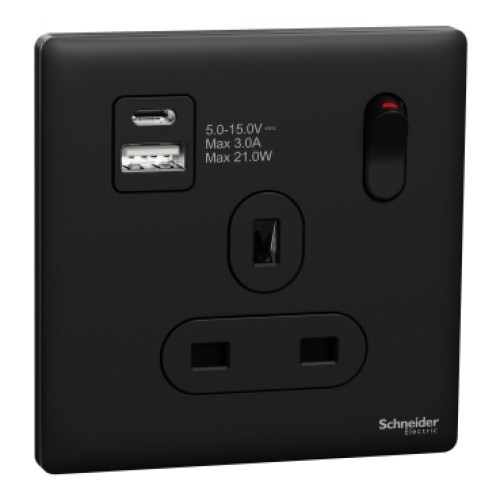 Schneider Electric Switched socket with USB, Unica X, 13A, 250V, 2 pole, type A+C, 21W, jet black - NUX15DACQUS_JB