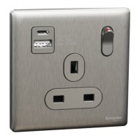 Schneider Electric Switched socket with USB, Unica X, 13A, 250V, 2 pole, type A+C, 21W, stainless steel - NUX15DACQUS_SS