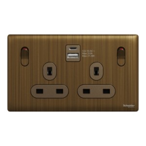 Schneider Electric Switched socket with USB, Unica X, 13A, 250V, 2 pole, type A+C, 21W, antique brass, NUX25DACQUS_AB