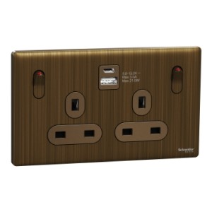 Schneider Electric Switched socket with USB, Unica X, 13A, 250V, 2 pole, type A+C, 21W, antique brass, NUX25DACQUS_AB