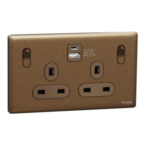Schneider Electric Switched socket with USB, Unica X, 13A, 250V, 2 pole, type A+C, 21W, dark bronze, NUX25DACQUS_DB