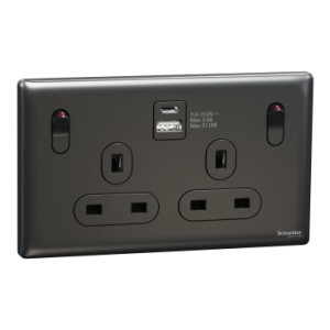 Schneider Electric Switched socket with USB, Unica X, 13A, 250V, 2 pole, type A+C, 21W, dark grey, NUX25DACQUS_DG