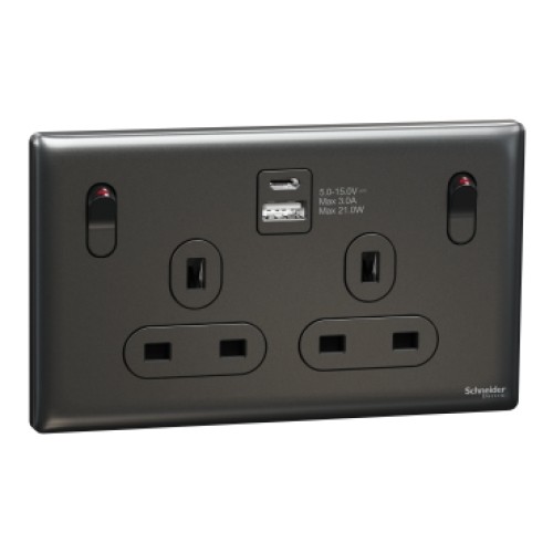 Schneider Electric Switched socket with USB, Unica X, 13A, 250V, 2 pole, type A+C, 21W, dark grey, NUX25DACQUS_DG
