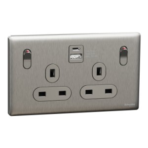 Schneider Electric Switched socket with USB, Unica X, 13A, 250V, 2 pole, type A+C, 21W, stainless steel, NUX25DACQUS_SS