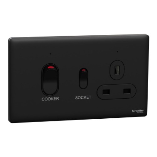 Schneider Electric Cooker control unit, Unica X, 45A, 250V, 1 gang, 2 pole, jet black, NUXT15D45N_JB