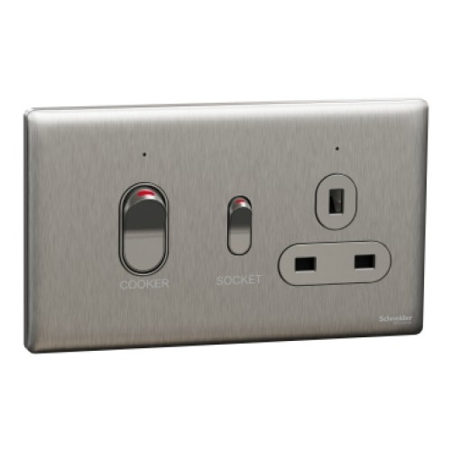 Schneider Electric Cooker control unit, Unica X, 45A, 250V, 1 gang, 2 pole, stainless steel, NUXT15D45N_SS