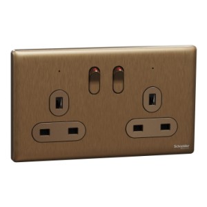 Schneider Electric Switched socket, Unica X, 13A, 250V, 2 gangs, 2 pole, with LED, dark bronze, NUXT25DN_DB