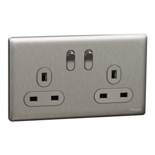 Schneider Electric Switched socket, Unica X, 13A, 250V, 2 gangs, with LED, stainless steel, NUXT25N_SS