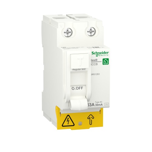 Schneider Residual current circuit breaker (RCCB), Resi9, 2P, 63A, AC type, 30mA R9R51263