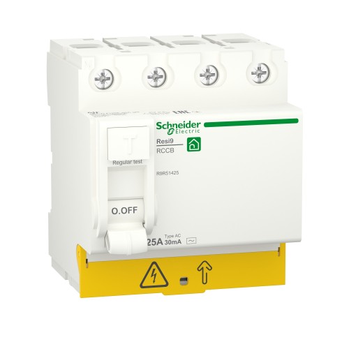 Schneider Residual current circuit breaker (RCCB), Resi9, 4P, 25A, AC type, 30mA R9R51425