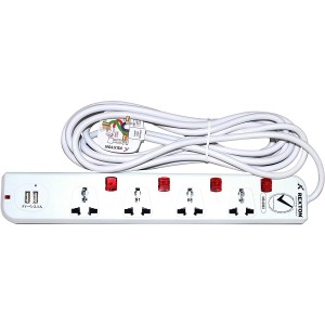 Rexton Neon 4 Way Extension Socket With USB RES45/UN- 5 Metre Cable
