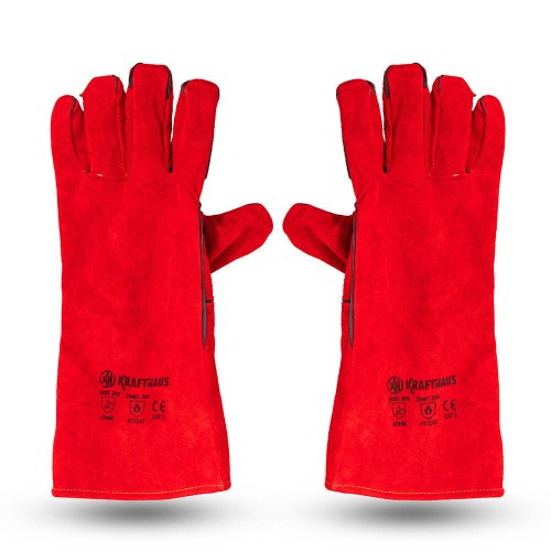 Krafthaus Red Leather Welding Gloves 16” | Heat Resistant Cow Split Leather Safety Gloves - PACK OF 12 Krafthaus Red Leather Welding Gloves 16” | Heat Resistant Cow Split Leather Safety Gloves - PACK OF 12