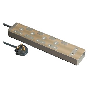 Schneider Trailing socket, AvatarOn, with individual switch & USB, 4 gang, 3M, metal golden hairline TSH34U_3_GH_C5