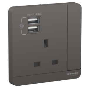 Schneider AvatarOn 2 USB charger   switched socket 3P 13A Dark Grey E8315USB_DG_G12