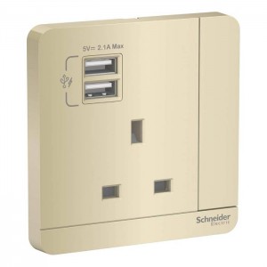 Schneider Electric Switch Socket AvatarOn Gold 13A Switch 2 USB Ports 2.1A Socket E8315USB_WG_G12
