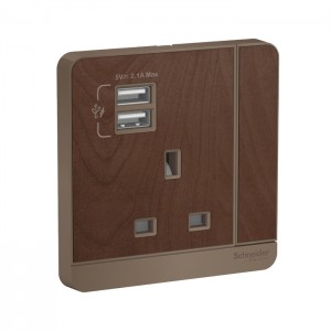 Schneider Electric AvatarOn Switch Socket with USB AvatarOn Wood 3P 13A 2 USB Socket E8315USB_WD_G12
