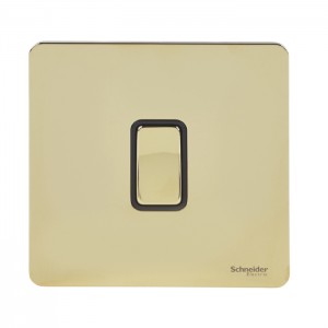 Schneider Ultimate Screwless Flat Plate Switch, 16A, Intermediate, Black & Brass - GU1414BPB