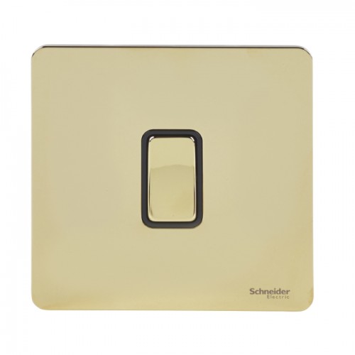 Schneider Ultimate Screwless Flat Plate Switch, 16A, Intermediate, Black & Brass - GU1414BPB