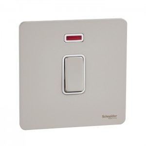 Schneider Ultimate Screwless Flat Plate Switch, 20A, 2-Pole, Neon, White & Pearl Nickel GU2411WPN