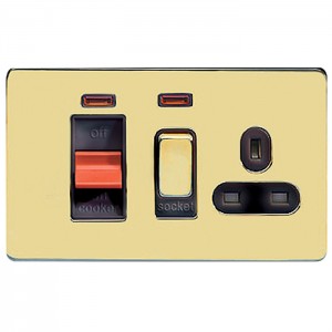 Schneider Ultimate Screwless Flat Plate Cooker Control Unit, 45A, 2 Poles, Switched Socket, British, Neon, Black & Brass GU4401BPB