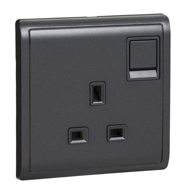 Schneider 13A 250V 1Gang switched socket,Matt Black - E8215_MB_G1